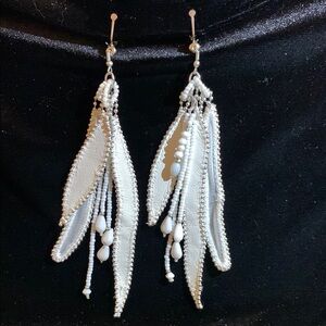 Silver and White Super Long Feather Drop Clip-on Earrings